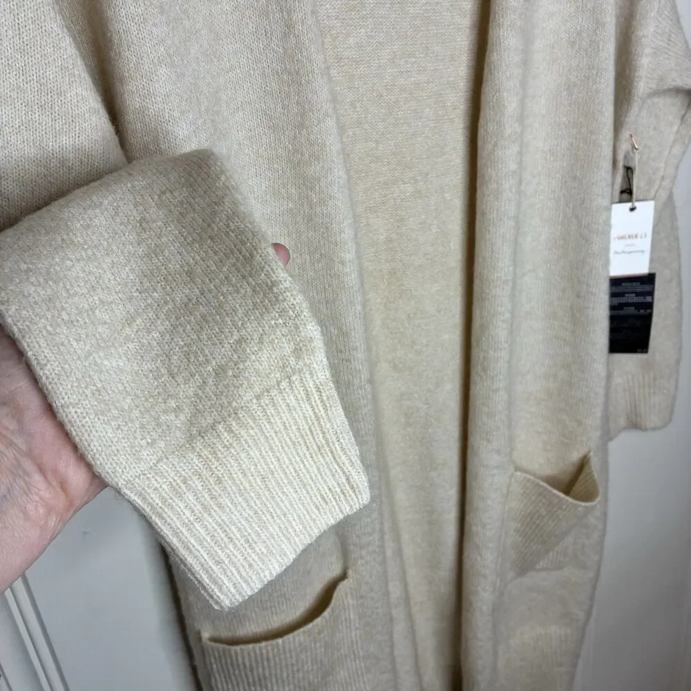 NWT Womens Long Cardigan Sweater Size M Beige Pockets Classic Relaxed Open Front
